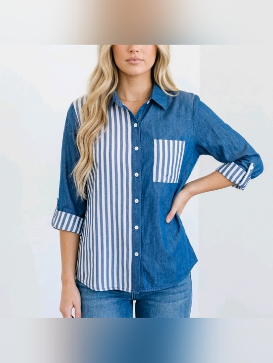 Emery Rose Tops - 𝑬𝒎𝒆𝒓𝒚 𝑹𝒐𝒔𝒆 𝑷𝒐𝒄𝒌𝒆𝒕 𝑩𝒍𝒖𝒆 𝑺𝒕𝒓𝒊𝒑𝒆𝒅/𝑺𝒐𝒍𝒊𝒅 𝑩𝒍𝒐𝒖𝒔𝒆